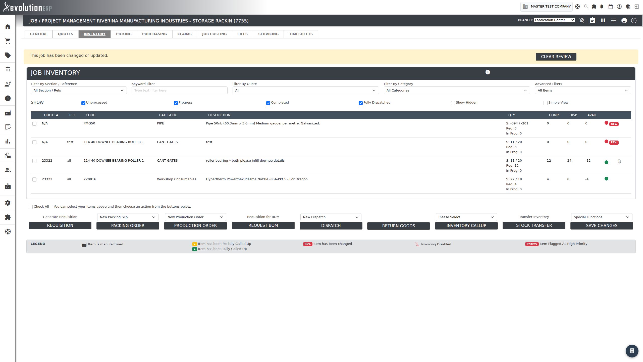 The Inventory tab on a project for an account trading normally — the full action bar sits under the item list.