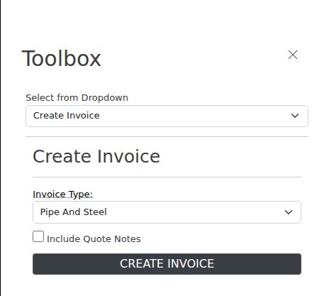 Create Invoice on an account that is trading normally — invoice type, quote notes option and the Create Invoice button.