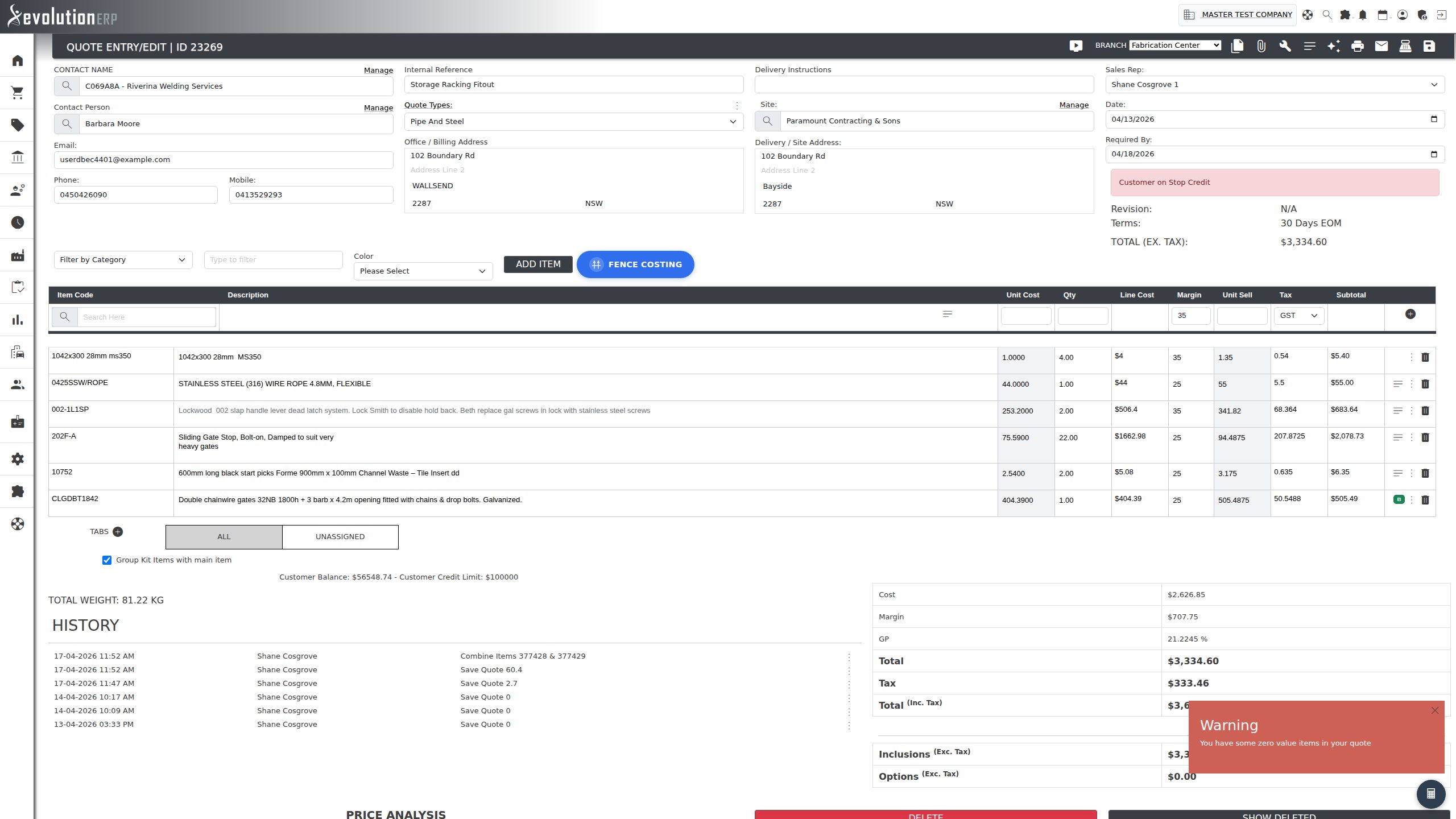 A quote for an account on stop credit: the red badge sits in the summary panel top right, and the balance/limit line sits under the item grid.