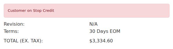 The “Customer on Stop Credit” badge in the quote summary panel, above the Revision, Terms and Total rows.