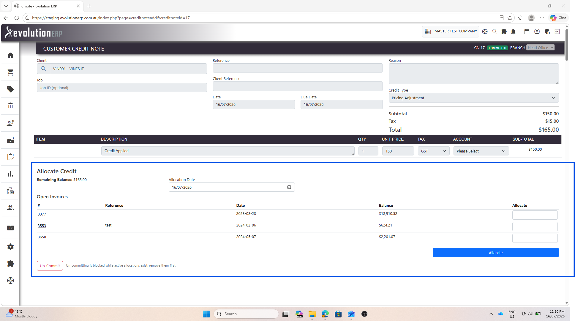 The apply/allocate panel listing the open invoices a committed customer credit can be applied against.