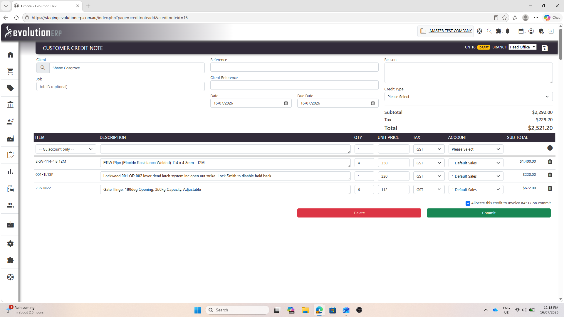 The Credit Note editor