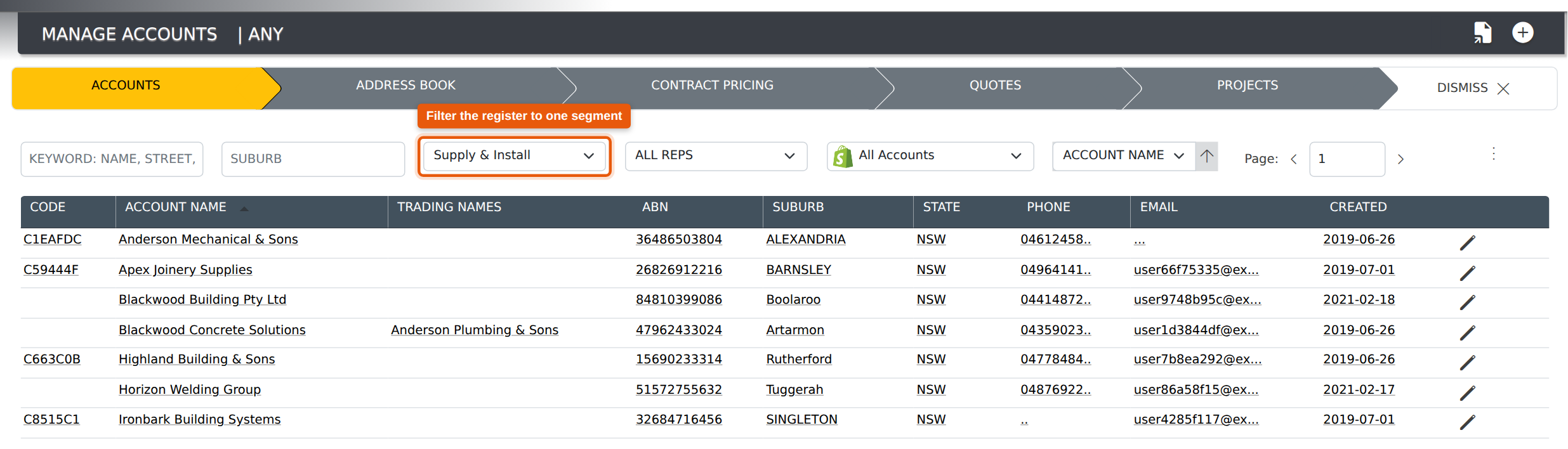The Segment filter on the Accounts register — including a “No Segment” option for accounts not yet classified.