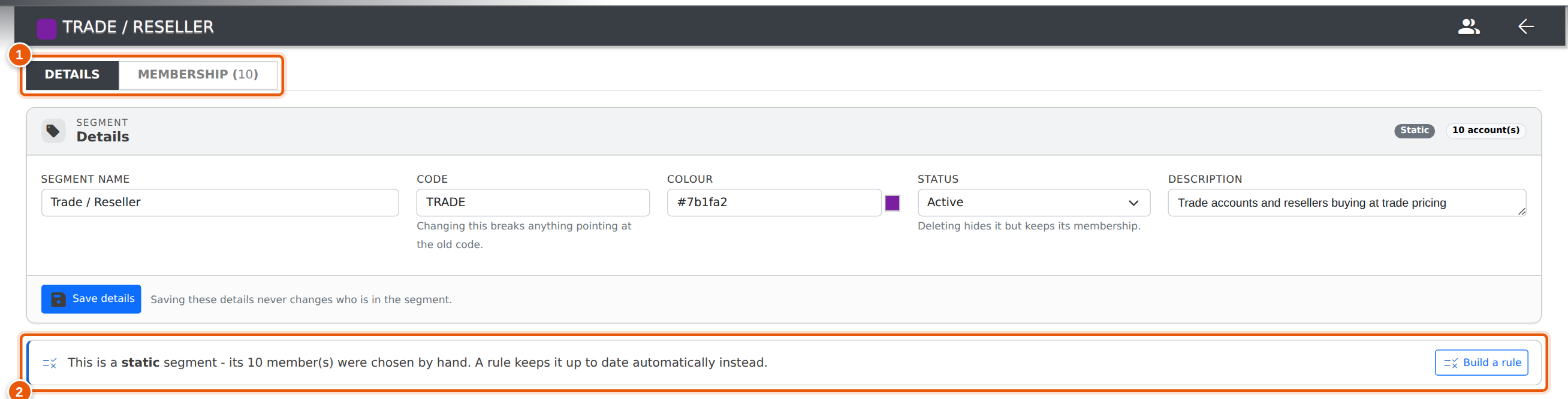 A static segment: two tabs, and the offer to turn its hand-picked list into a rule.