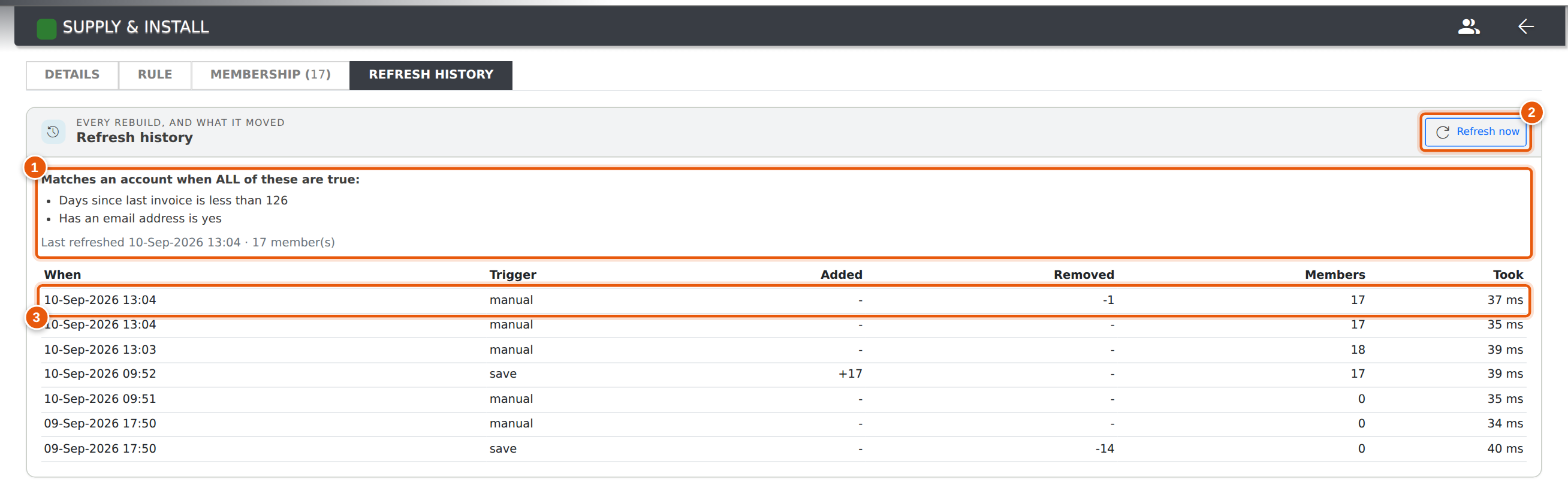 The Refresh history tab — the rule, the last run, and every rebuild with what it added and removed.