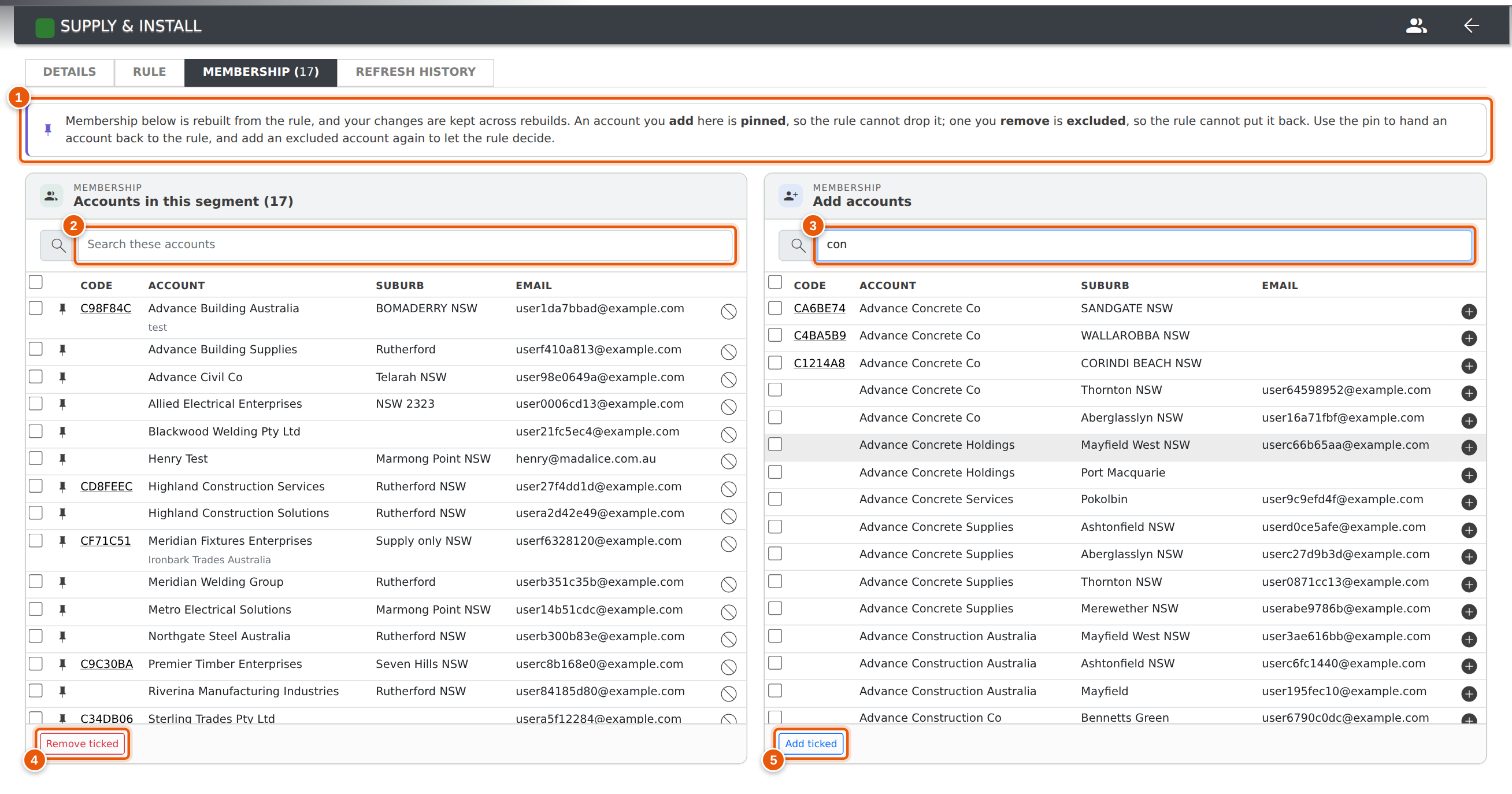 The Membership tab — members on the left, accounts you can add on the right, and the notice shown on a dynamic segment.
