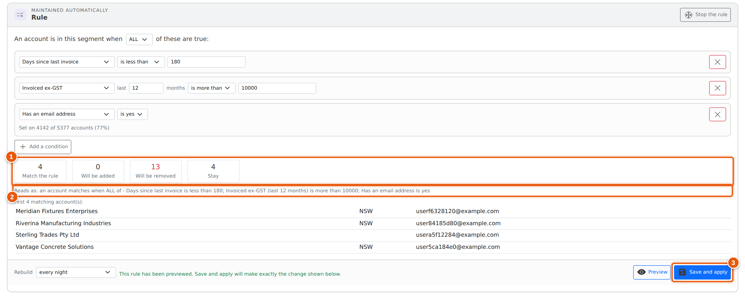A preview: what the rule would change, the rule in plain English, and a sample of the accounts it matches.