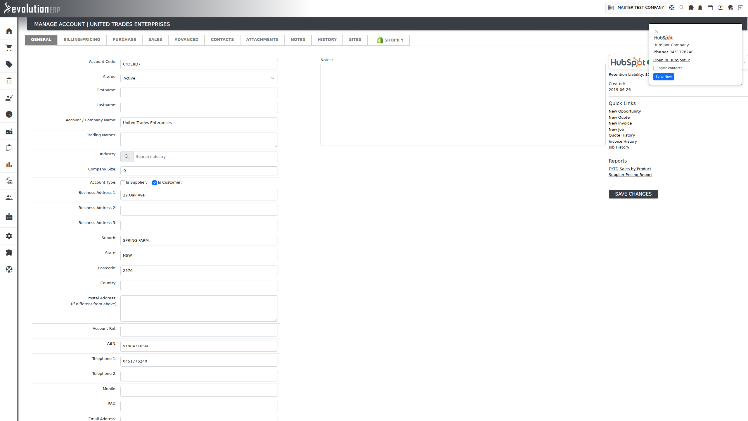The HubSpot card on an account's Quick Links, and the panel it opens showing live Industry, Company Size and Phone from HubSpot.