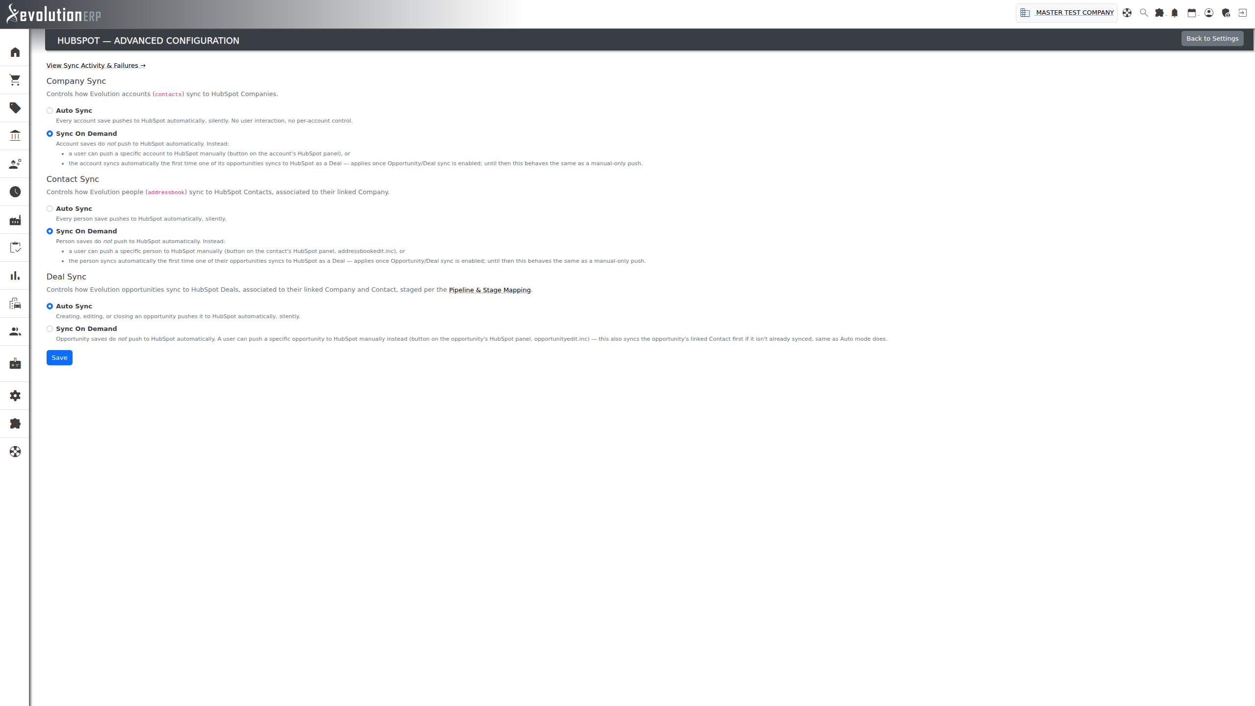 The Advanced HubSpot Configuration screen, showing per-object Auto Sync / Sync On Demand mode.