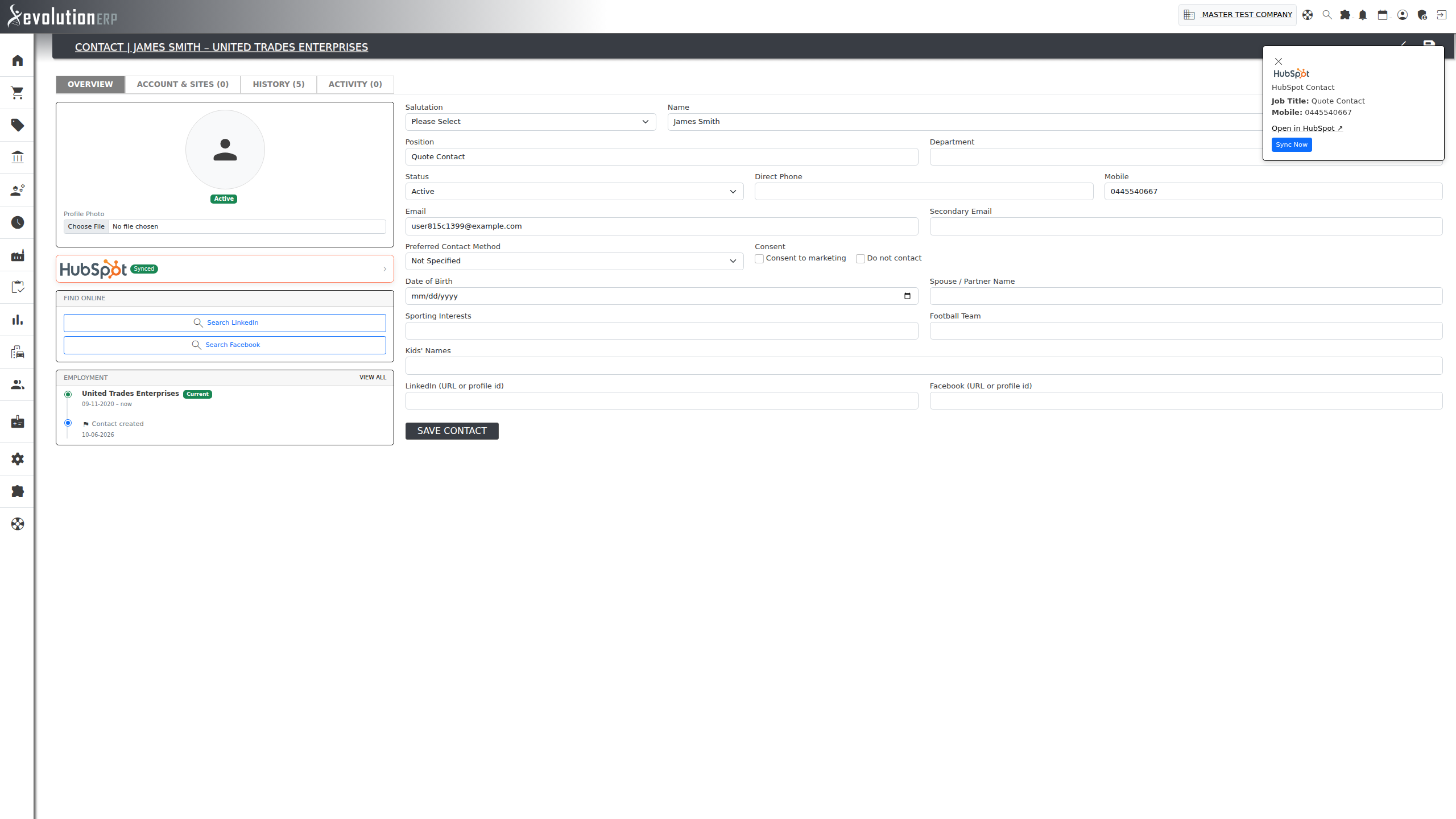 The HubSpot card on a contact's own page, opened to show live details pulled from HubSpot.