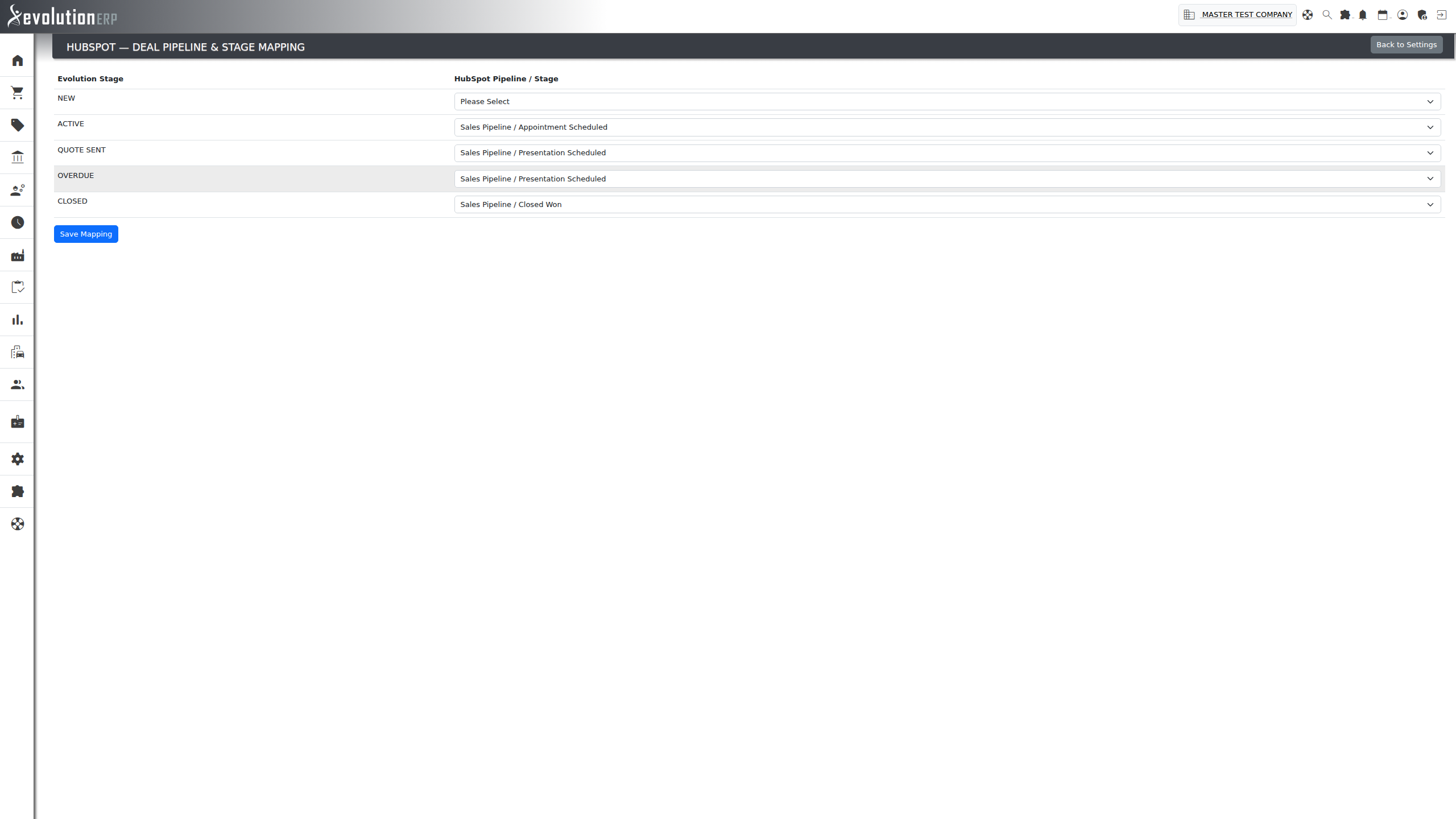 The Pipeline & Stage Mapping screen — one HubSpot pipeline/stage dropdown per Evolution opportunity status.