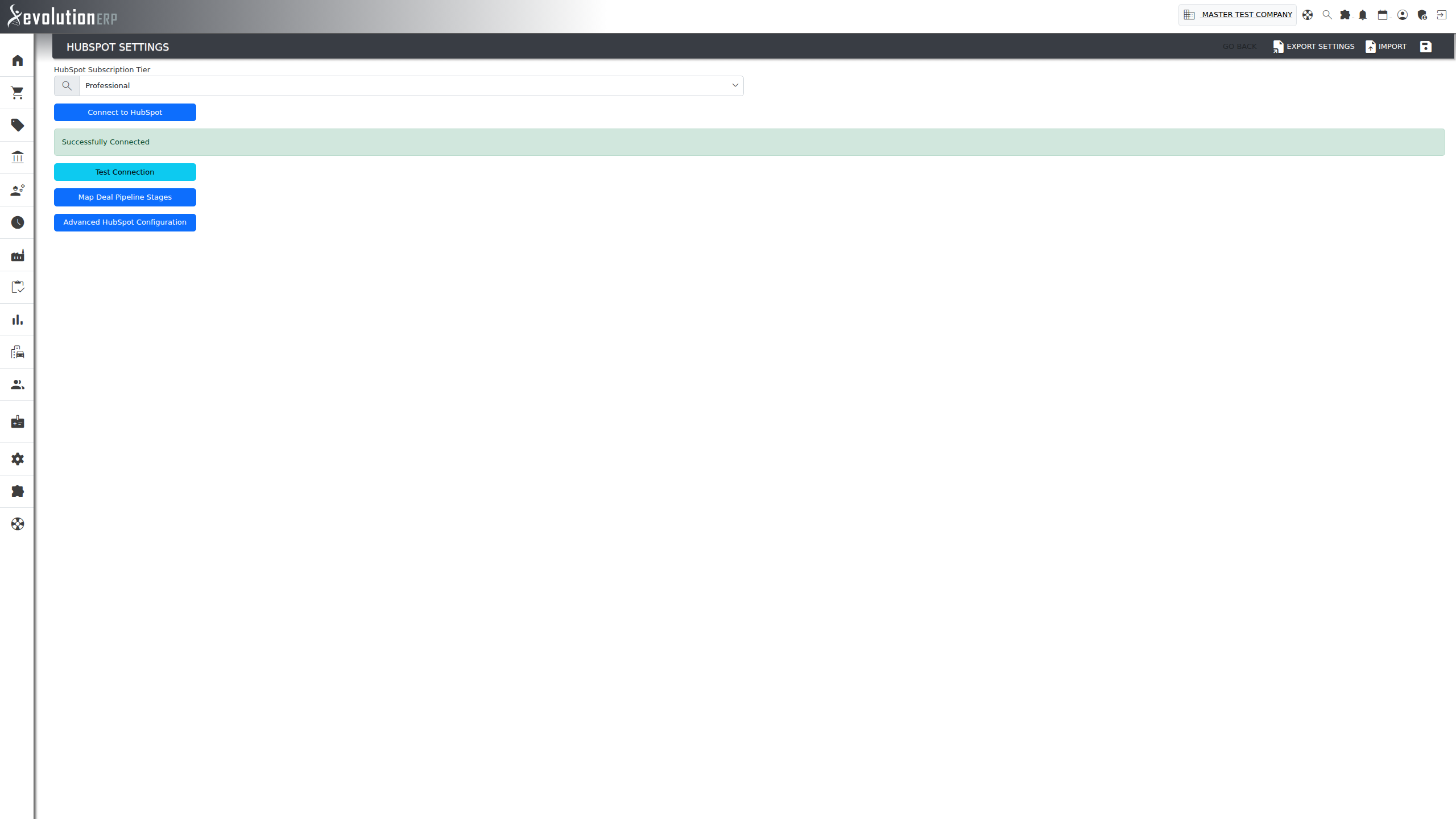 The HubSpot settings screen — Connect to HubSpot, Test Connection, and links through to Pipeline Mapping and Advanced Configuration. No credentials to enter.