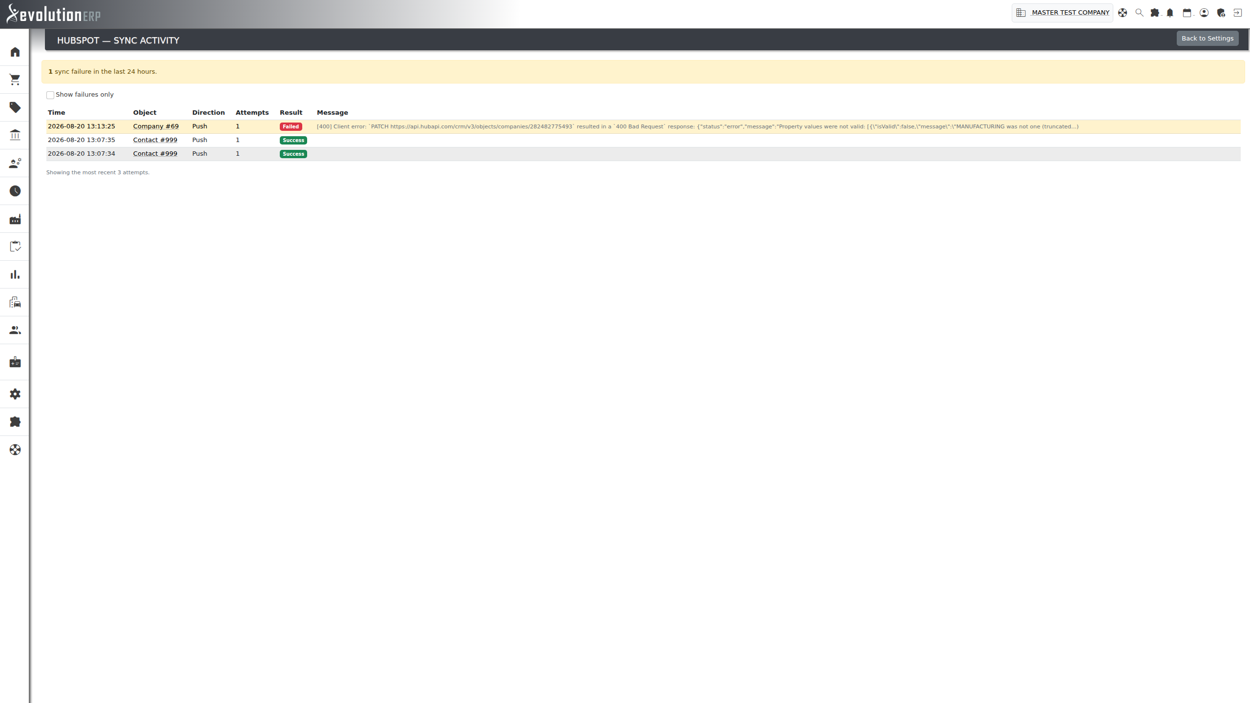 The Sync Activity screen: a 24-hour failure count, a failures-only filter, and a log of every push/pull attempt with the real HubSpot error message on failure.