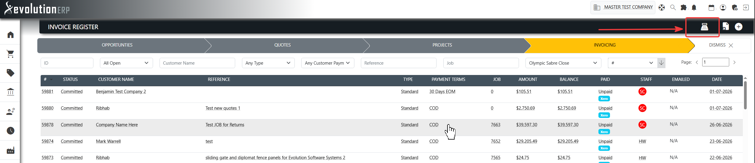 The point-of-sale cash sale icon on the Invoice Register