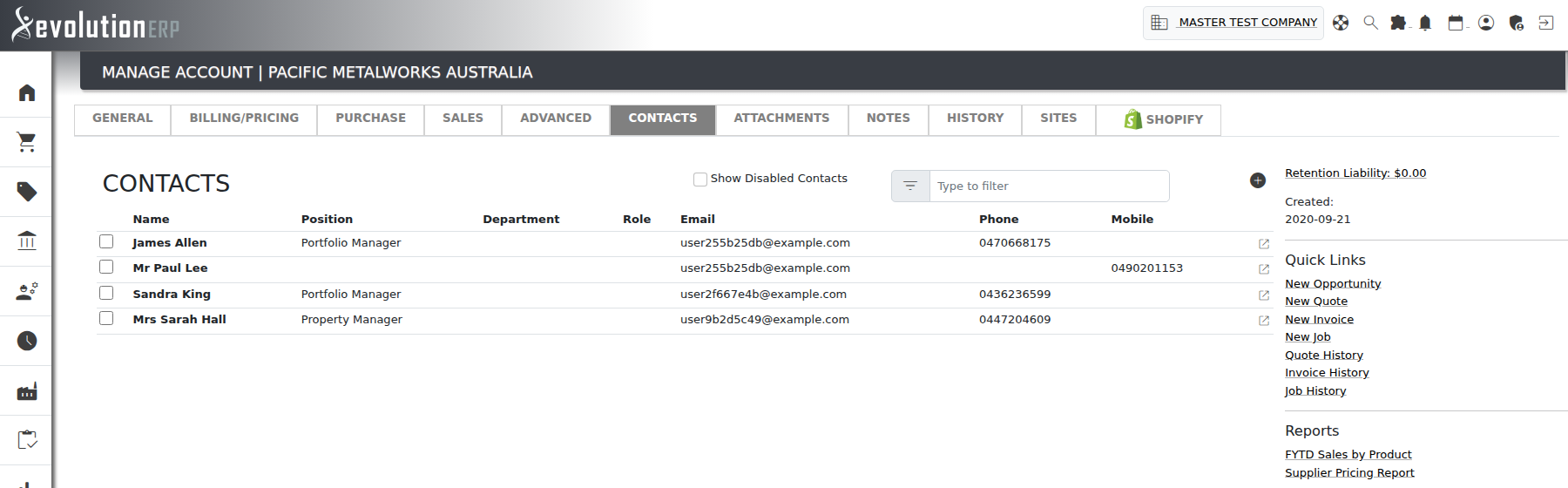 The Contacts list on an account, showing salutations against contact names.