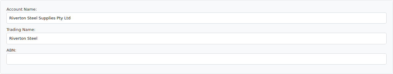 The new-customer panel on the Opportunity screen, showing Account Name, Trading Name and ABN.