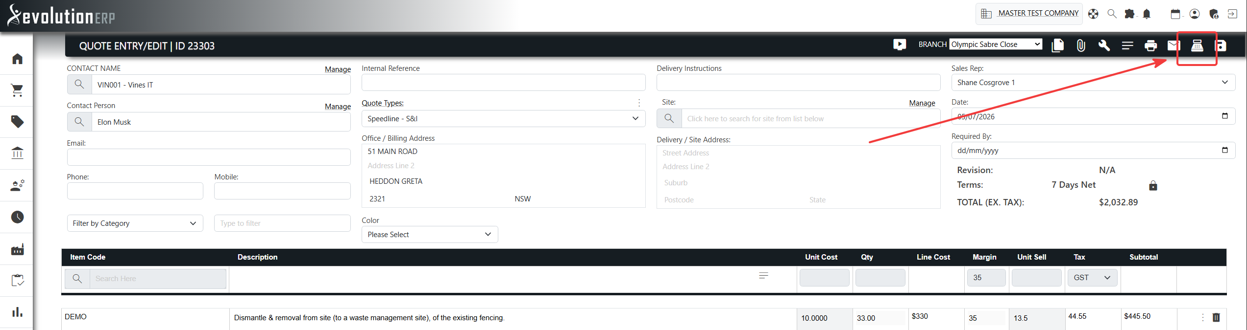 The checkout (Quick Supply) icon in the quote’s action-icon row, alongside Print and Email.