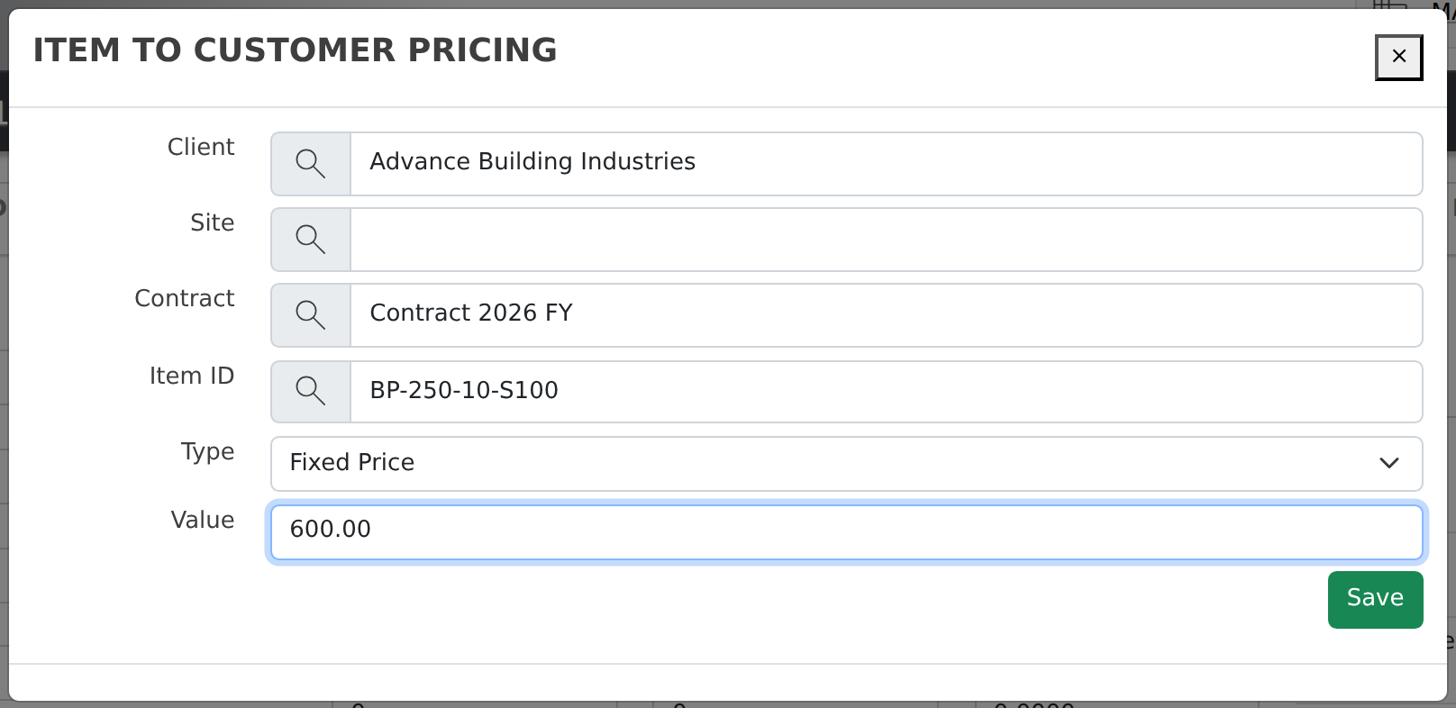 Item to Customer Pricing on an inventory item — choose the customer, the contract, the Type, and the amount. Fixed Price is offered whatever the quote mode.