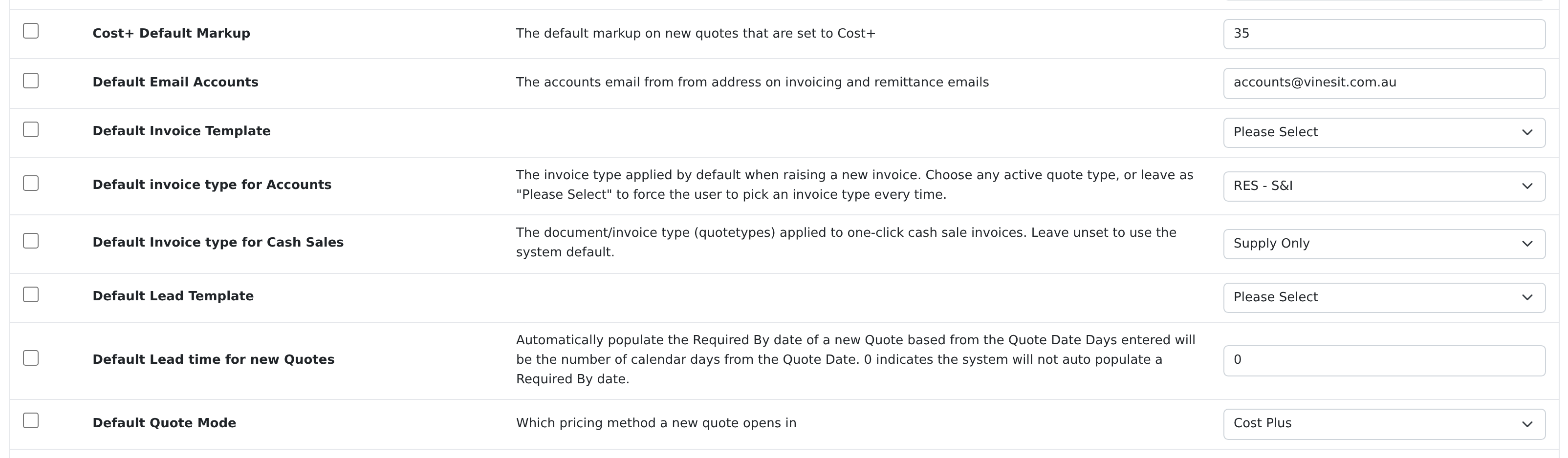 Cost+ Default Markup and Default Quote Mode — the settings a new quotation starts from.