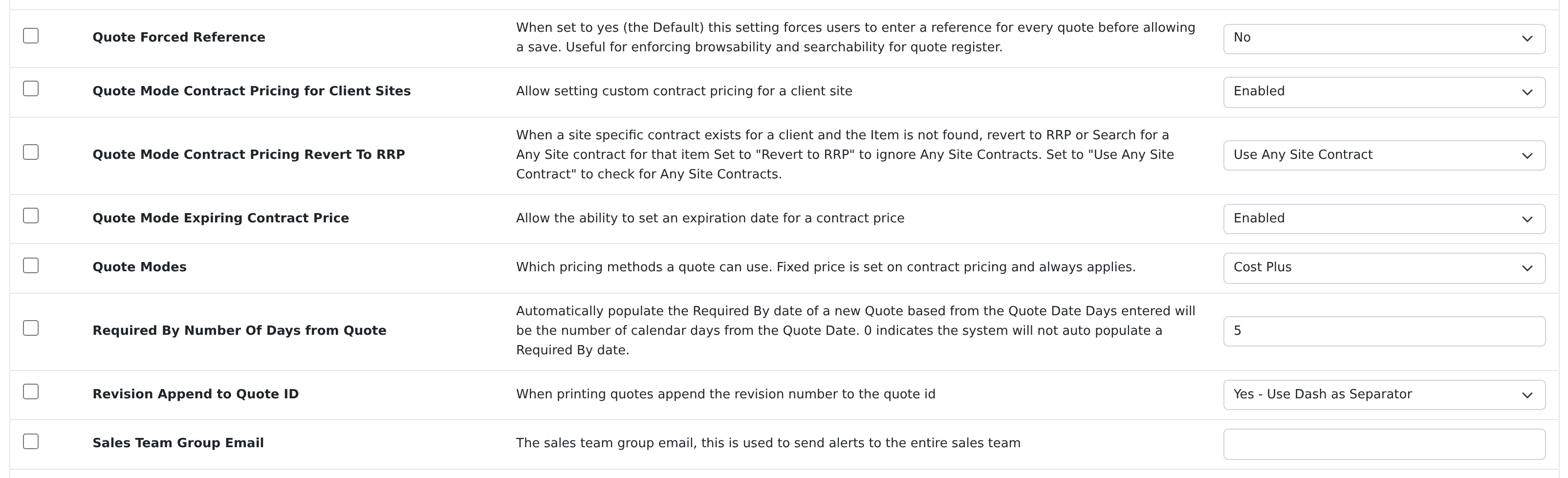 Quote Modes under Settings → Sales, alongside the contract pricing settings that sit with it.