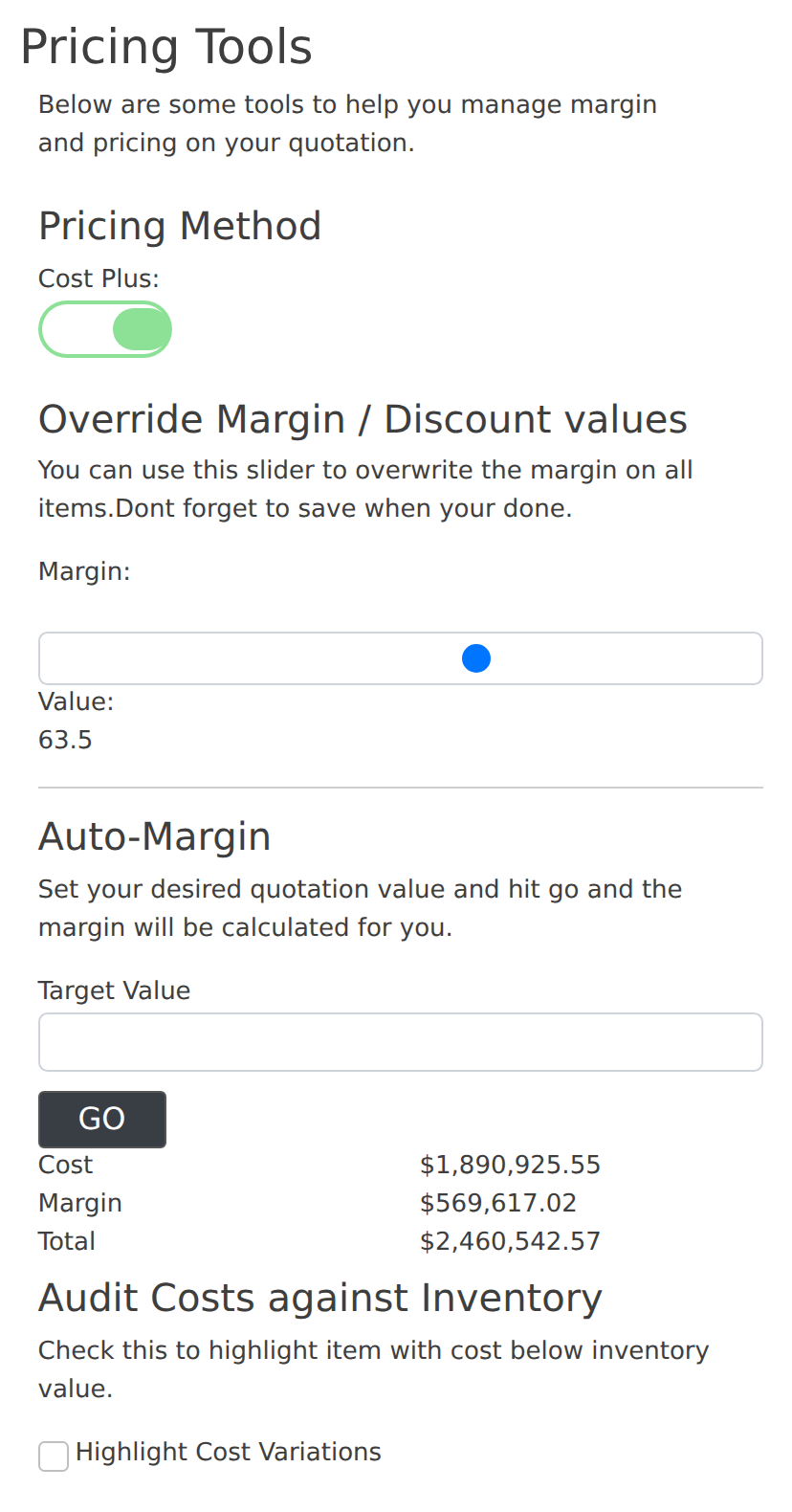 The pricing tools panel on a quotation — Cost Plus toggle, override slider and Auto-Margin.