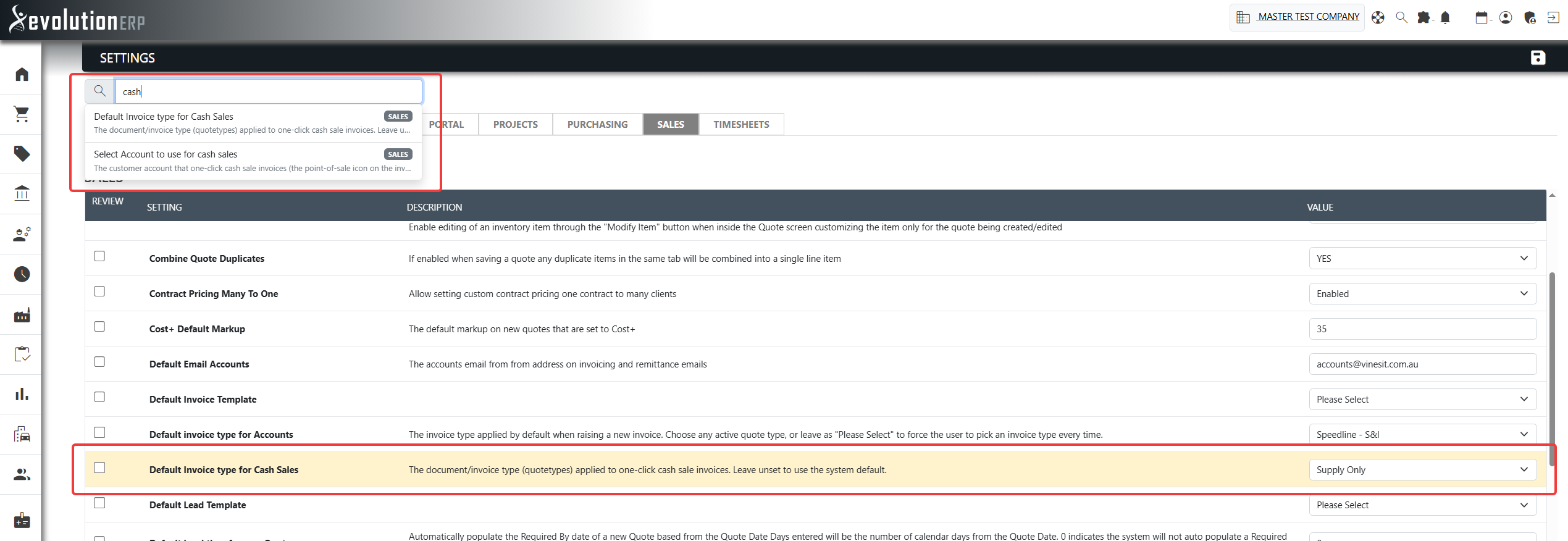 Settings → Sales: the cash sale account selector and the optional default invoice type for cash sales.