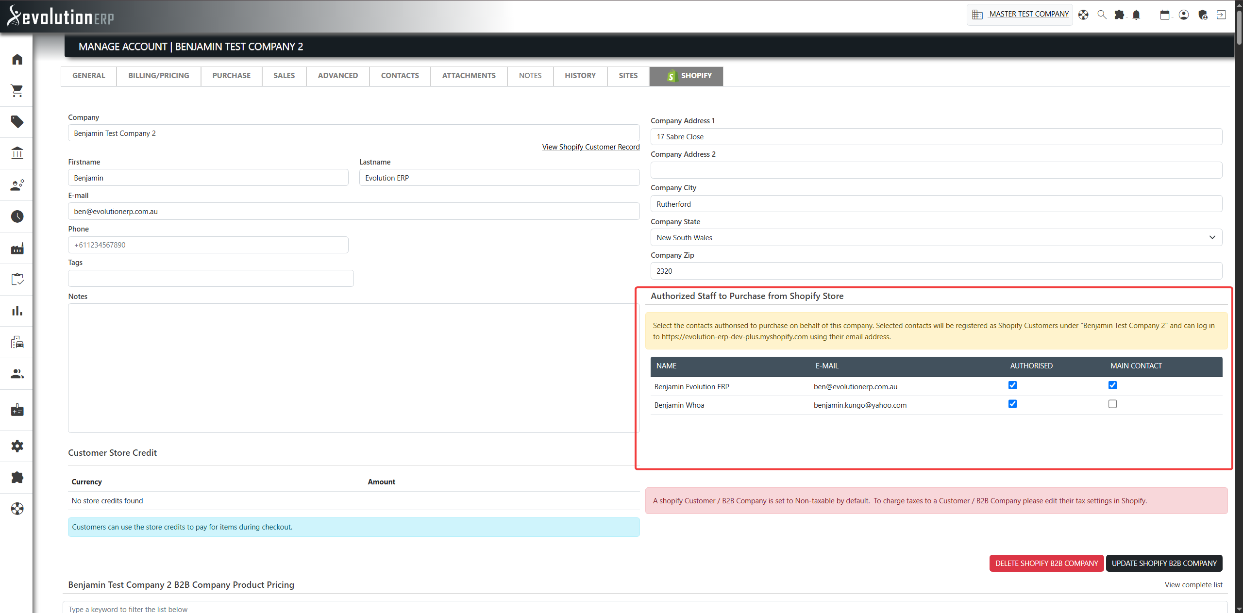 The Authorized Staff to Purchase from Shopify Store section on the Customer Manager: tick the account contacts allowed to buy on behalf of the company, and mark the main contact.