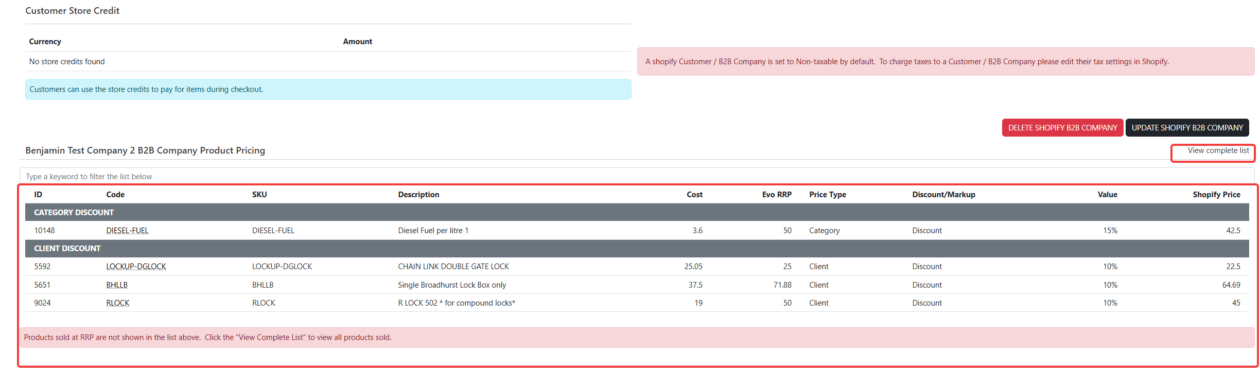 The Customized Shopify Product Pricing for this Customer tab: per-item cost, RRP, price type, discount/markup and the resulting Shopify price driven by the company's catalog.