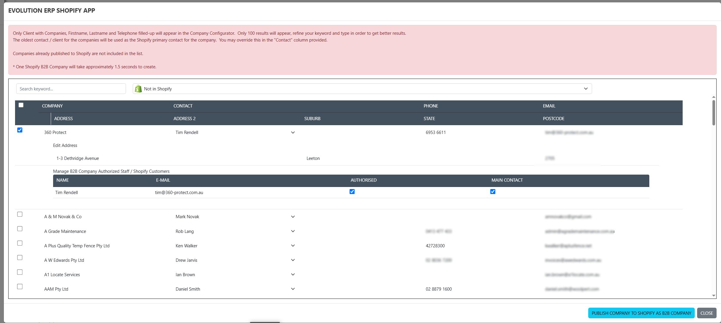 The Company Configurator: eligible accounts with Company, Contact, Phone, Email and address columns, the In Shopify / Not in Shopify filter and a select-all checkbox.