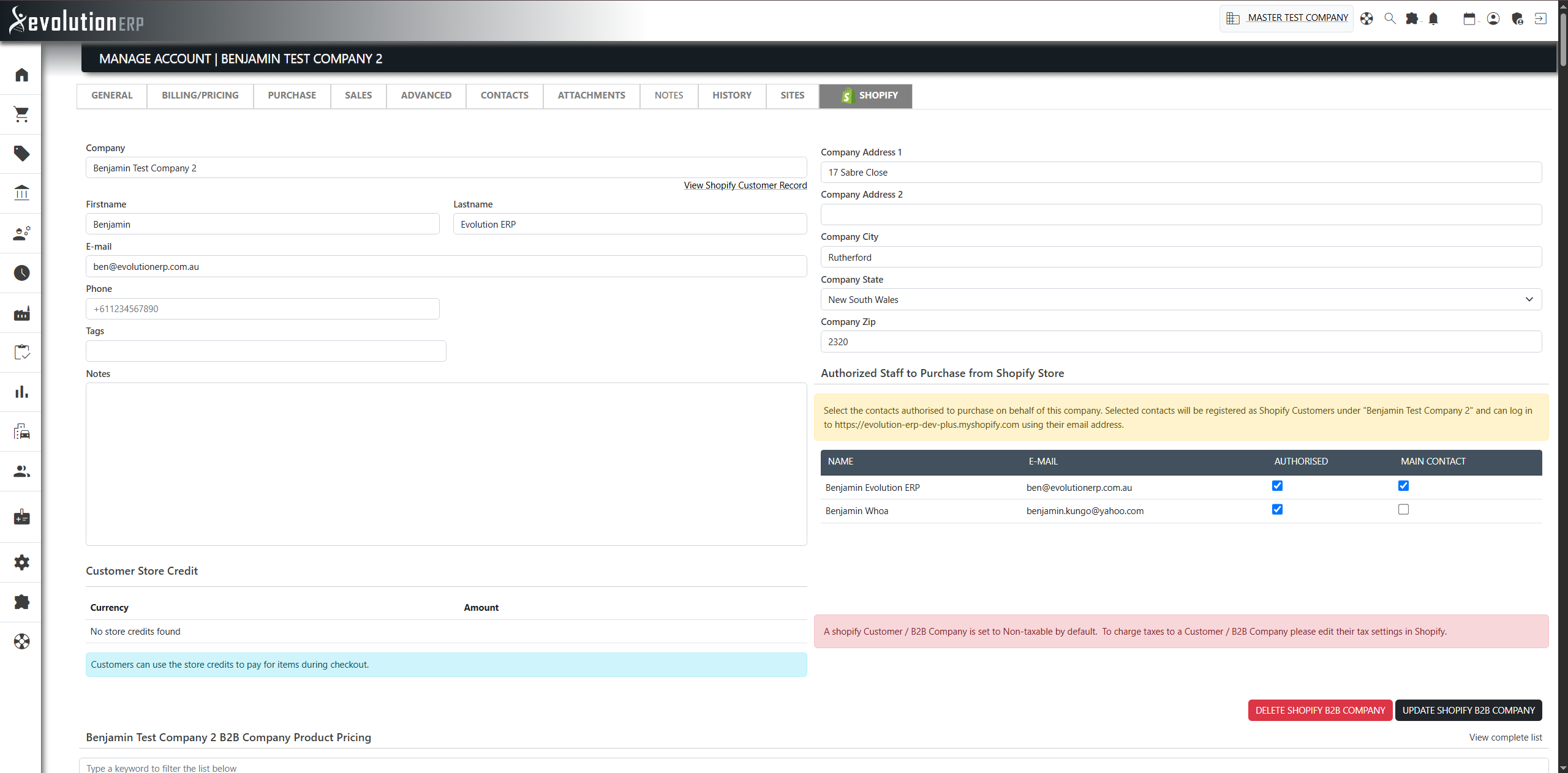 The Customer Manager: contact and address fields, tags and notes, the View Shopify Customer Record link and the Customer Store Credit panel.