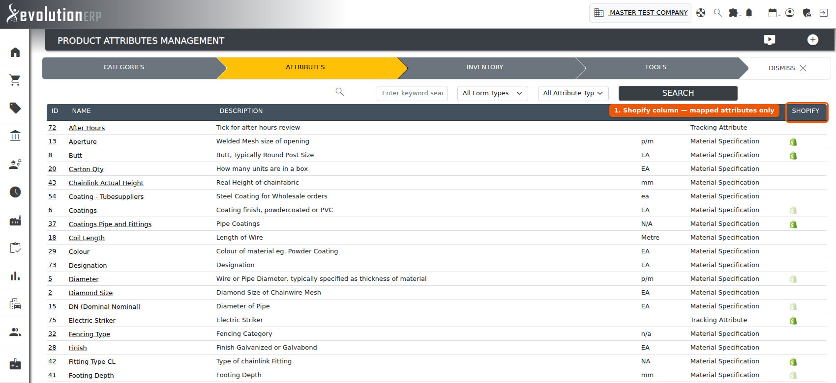 The Product Attributes register: a Shopify icon marks each attribute that is mapped to the store.