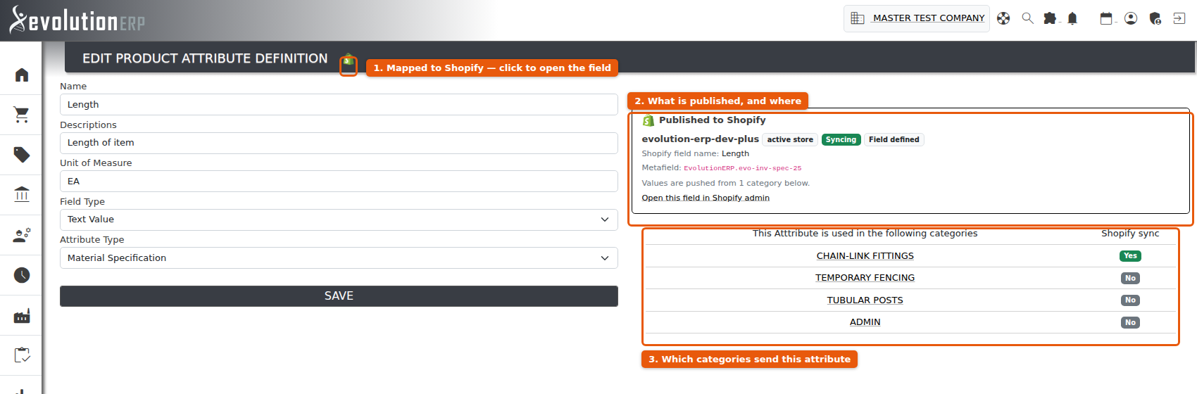 An attribute that is mapped to Shopify: the icon beside the title, the Published to Shopify panel, and the per-category Shopify sync column.