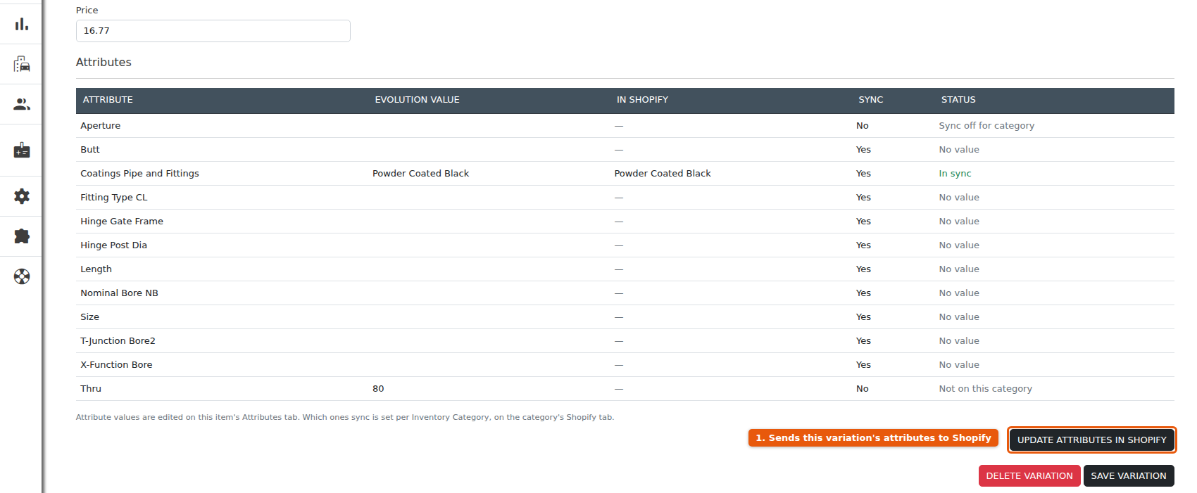 The Variation editor: the variation's own attributes, and the Update Attributes in Shopify button that sends just this variation.