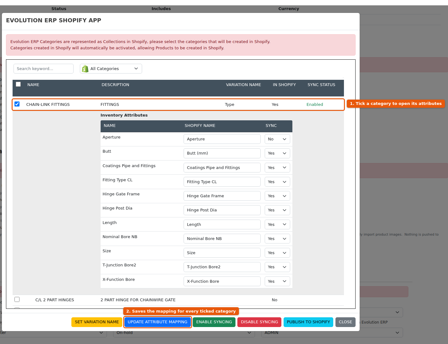 The Category Configurator with a category ticked: its Inventory Attributes open underneath, and the Update Attribute Mapping button saves the mapping for every ticked category.