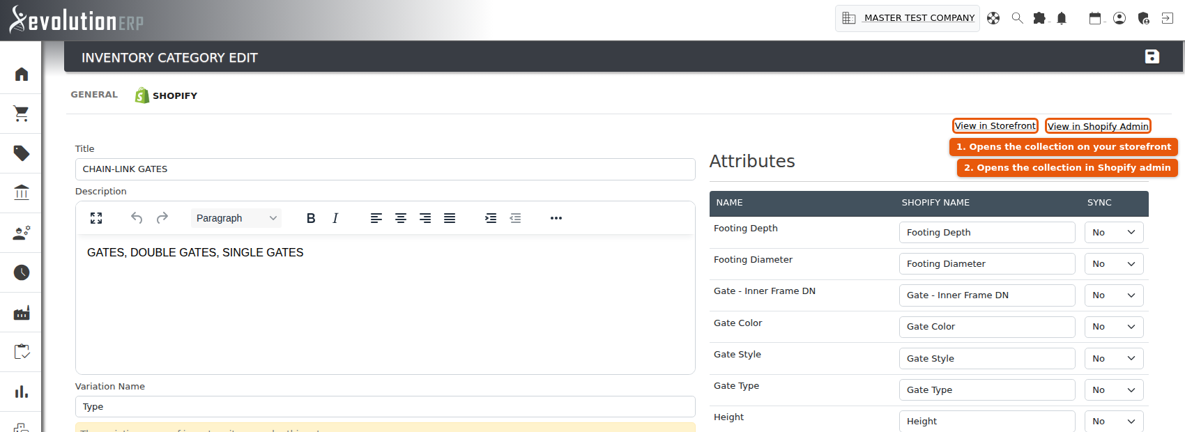 The Shopify tab of an Evolution inventory category, with links straight to the matching Shopify collection on the storefront and in the Shopify admin.