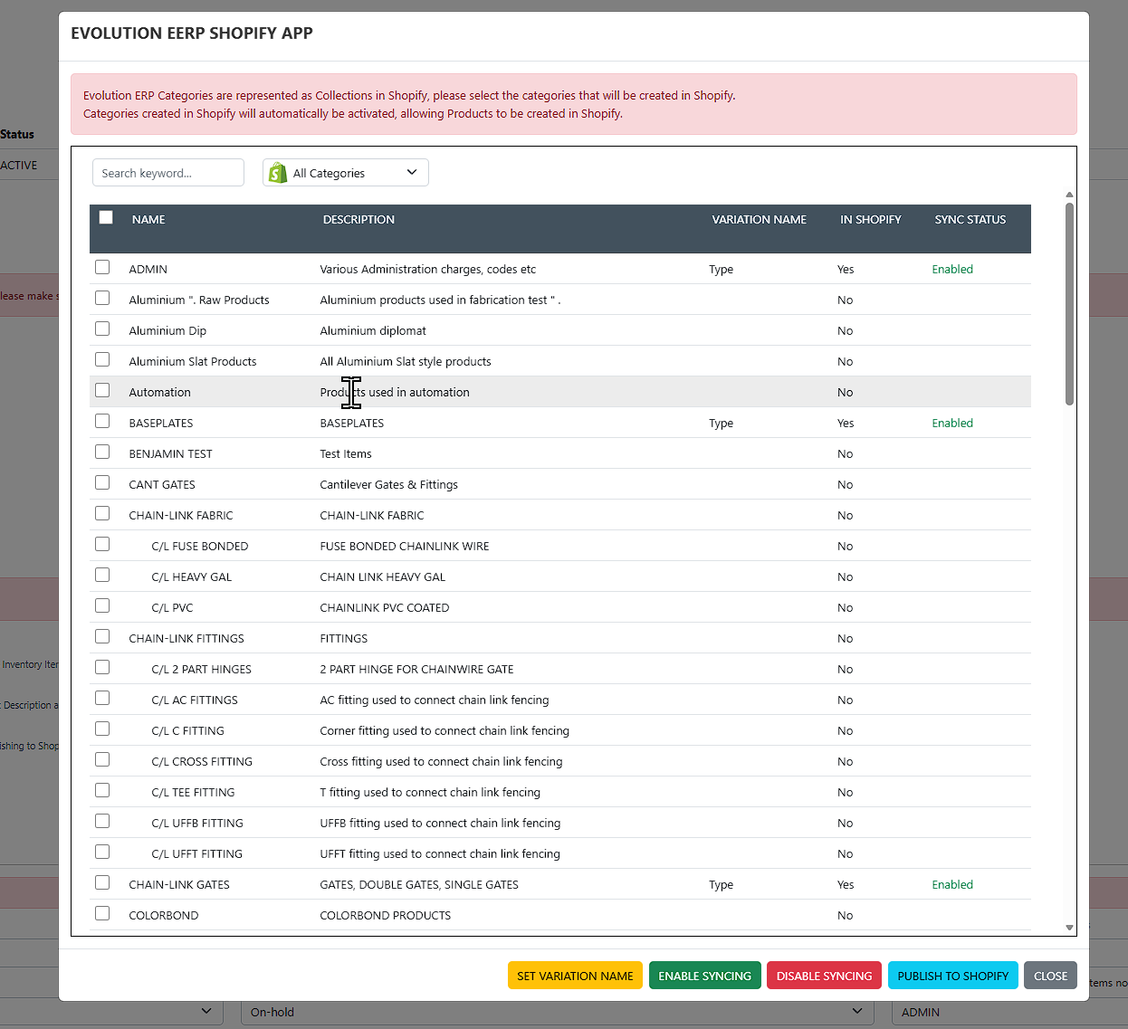 The Category Configurator: select Evolution categories to publish as Shopify collections, with start/stop and variation-name controls.