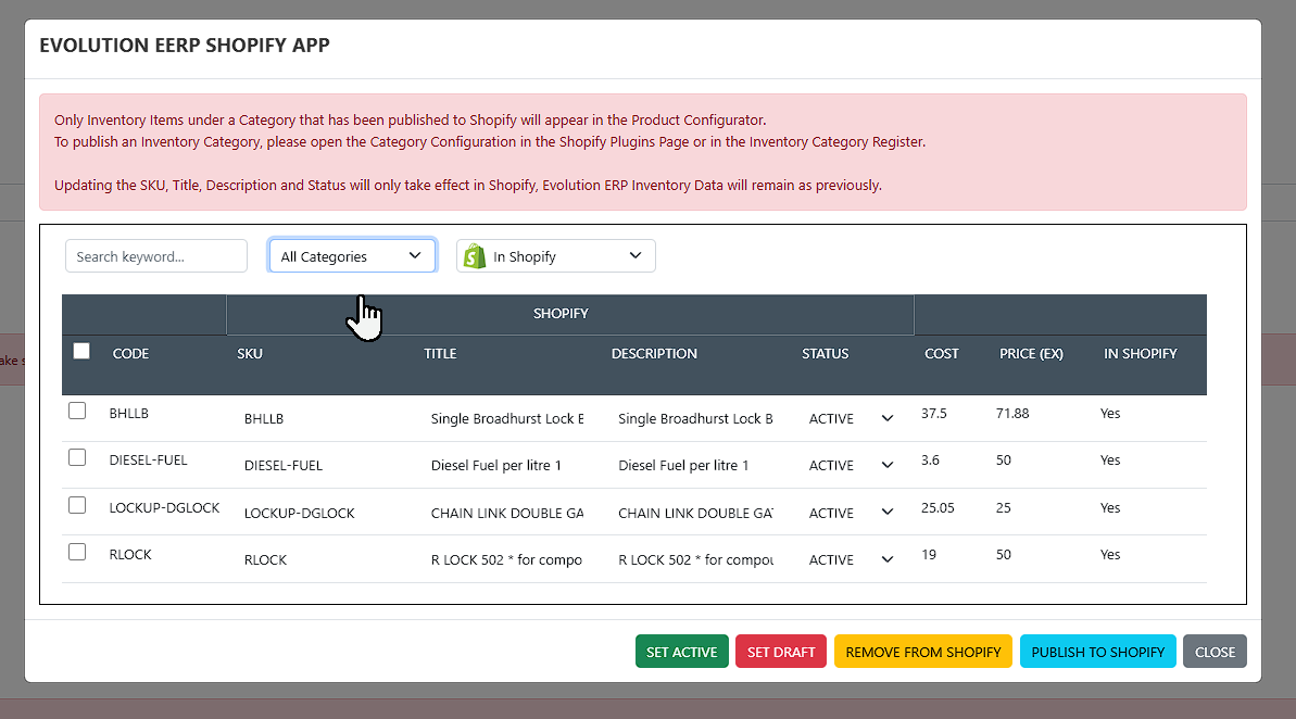 The Product Configurator grid: items under published categories with Code, SKU, Title, Description, Status, Cost, Price (ex) and In Shopify, plus the keyword/category/status filters.
