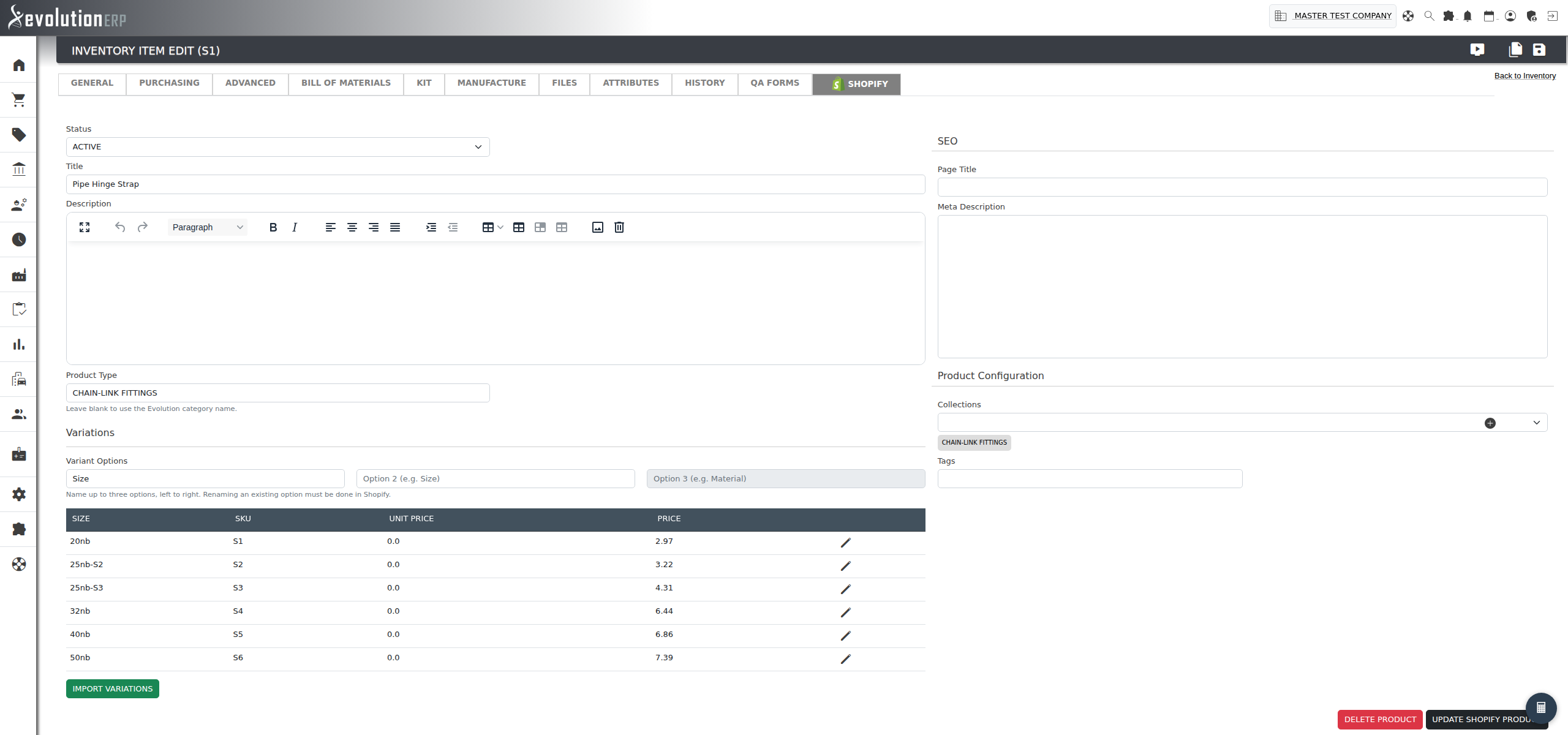 The Product Manager: edit one product's SKU, status, title, description, cost, price, variation options and variations, SEO fields, collections and tags. The variations list is headed with the product's own option name - here Size.