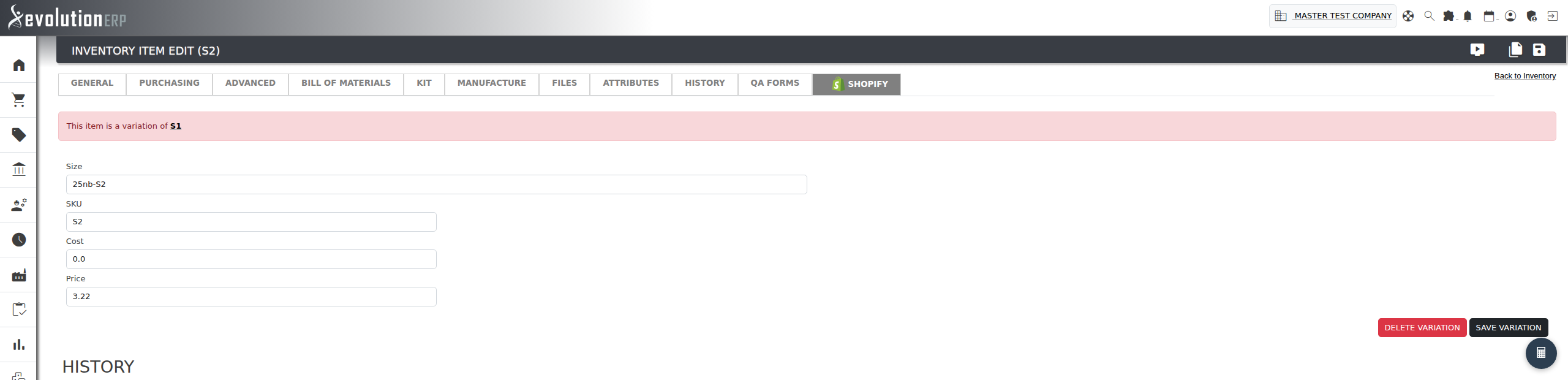 The Variation editor on a variation item. The banner names the parent product, and each option gets its own box labelled with the option's real name - here a single option called Size.