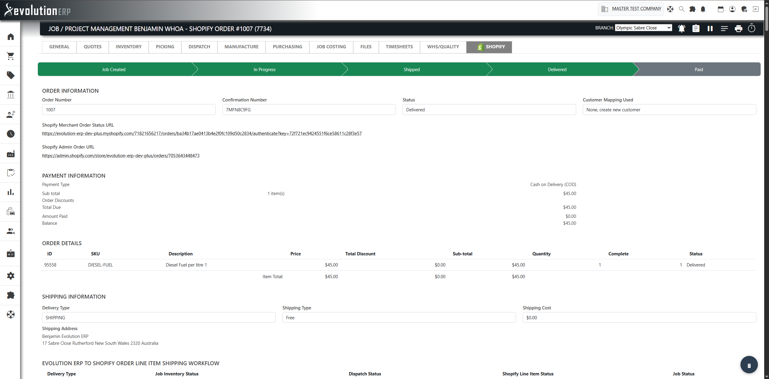 The read-only Order Information screen: order and confirmation numbers, status, customer mapping used, payment breakdown, ordered items and shipping details.