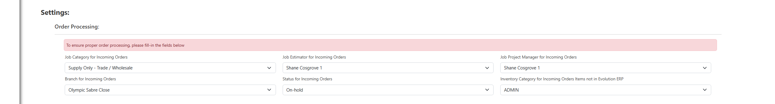 The Order Processing settings on the plugin page: project category, estimator, project manager, branch, status and the fallback inventory category for unmatched items.