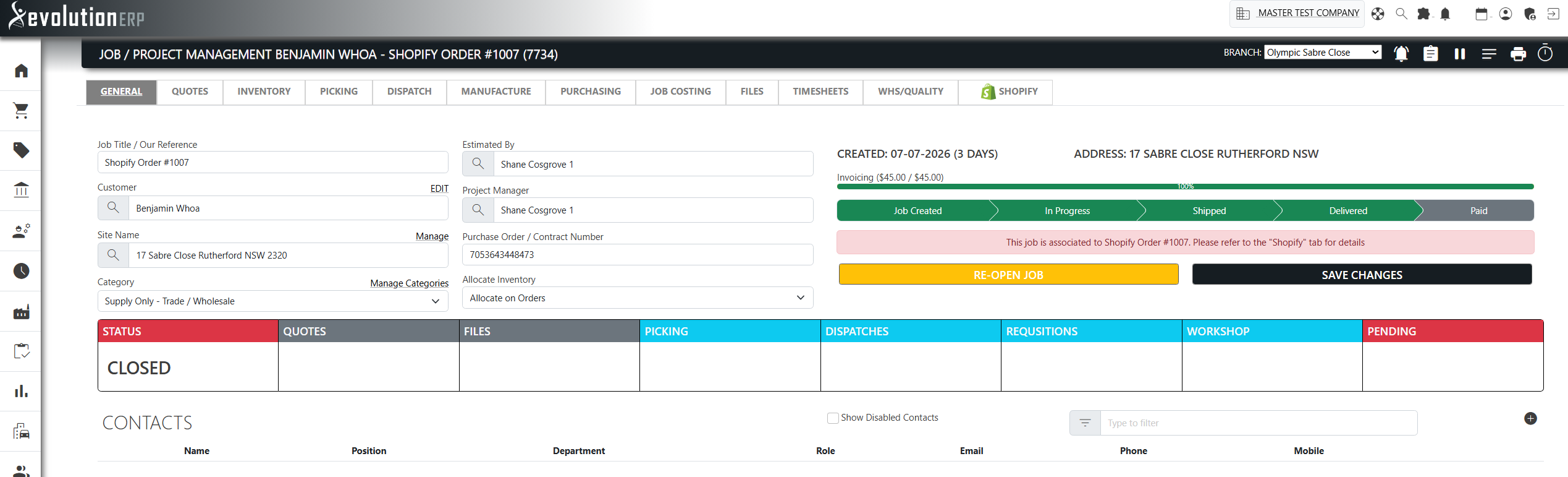 The Order Information summary: Progress and status pushed back to shopify.