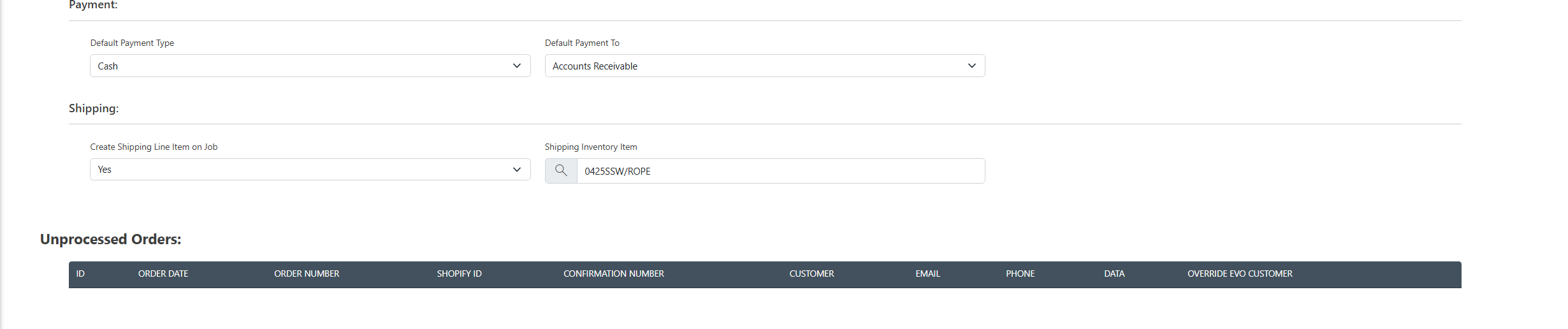 The Unprocessed Orders table: order date, number, Shopify ID, confirmation number, customer, email and phone, with the Override Evo Customer search and Create Project action per row.