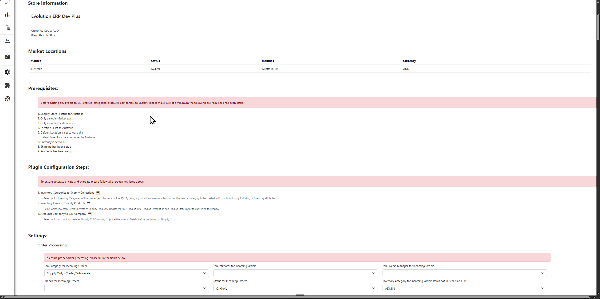 The Shopify Plugin manager: the numbered configuration steps, order-processing settings and the unprocessed-orders list, all on one page.