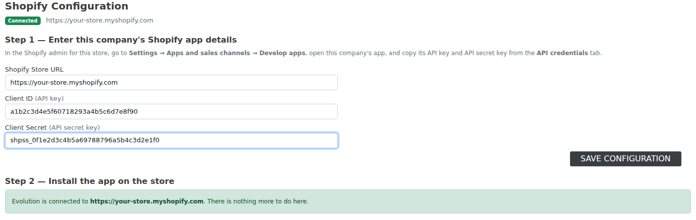 The Shopify Configuration screen: the connection badge, then Store URL, Client ID and Client Secret, with Save Configuration.