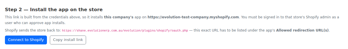 Step 2 of the Shopify Configuration screen: the Connect to Shopify button and the address Shopify returns to.