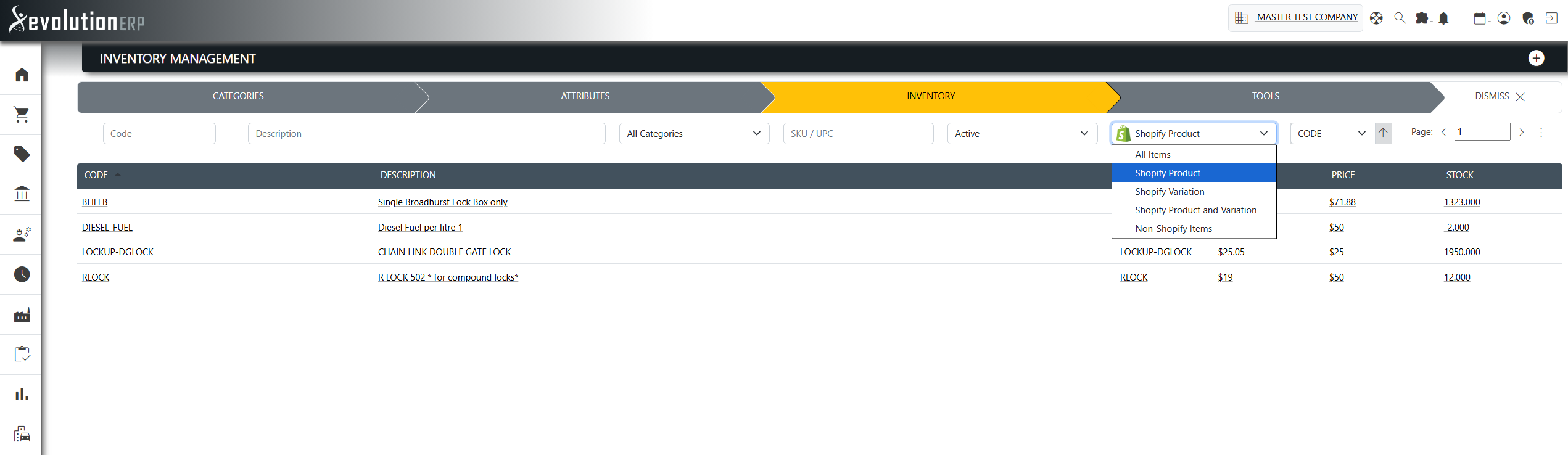 The Inventory register with the injected Shopify status filter — Shopify Product, Variation, Product and Variation, or Non-Shopify Items — alongside the usual filters.