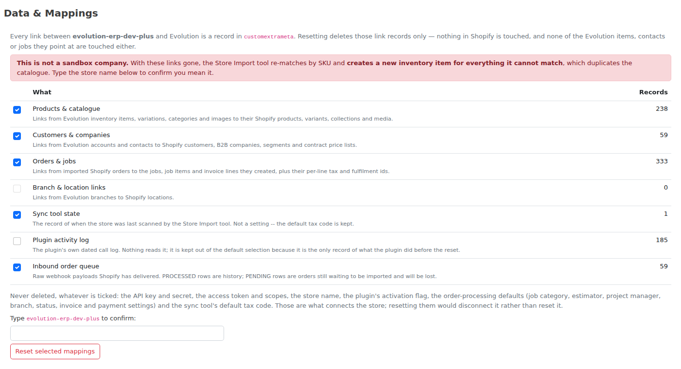 The Data and Mappings panel on Shopify Store Settings
