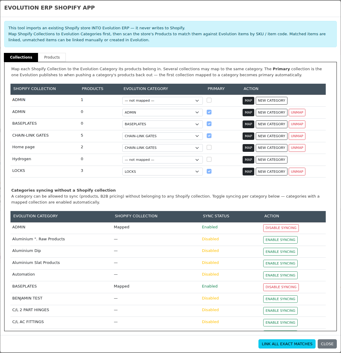 The Collections tab — map Shopify collections to Evolution categories, several to one if needed, and toggle syncing for categories with no collection.